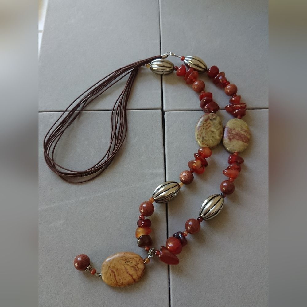 Artisan Glass Orange Brown Beads Necklace 36"